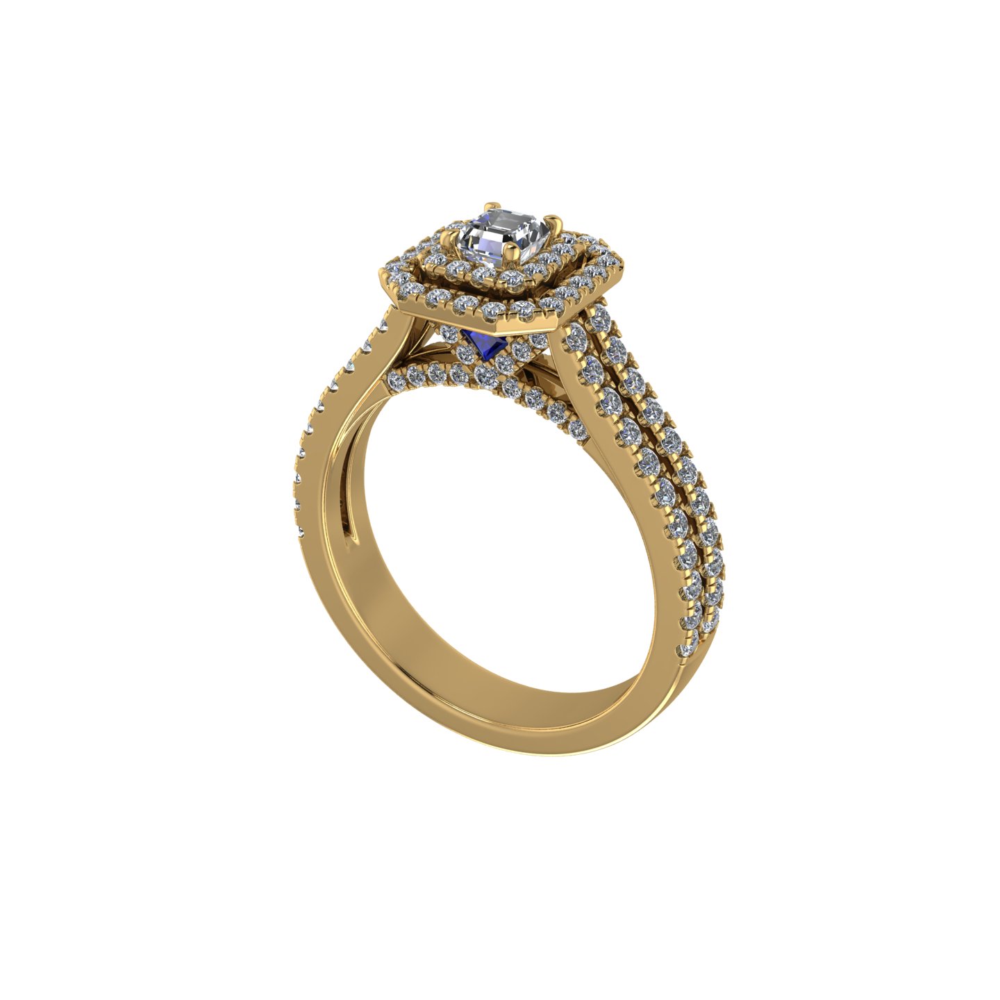 Halo Pave Set Emerald Diamond and Sapphire Split Shank Engagement Ring