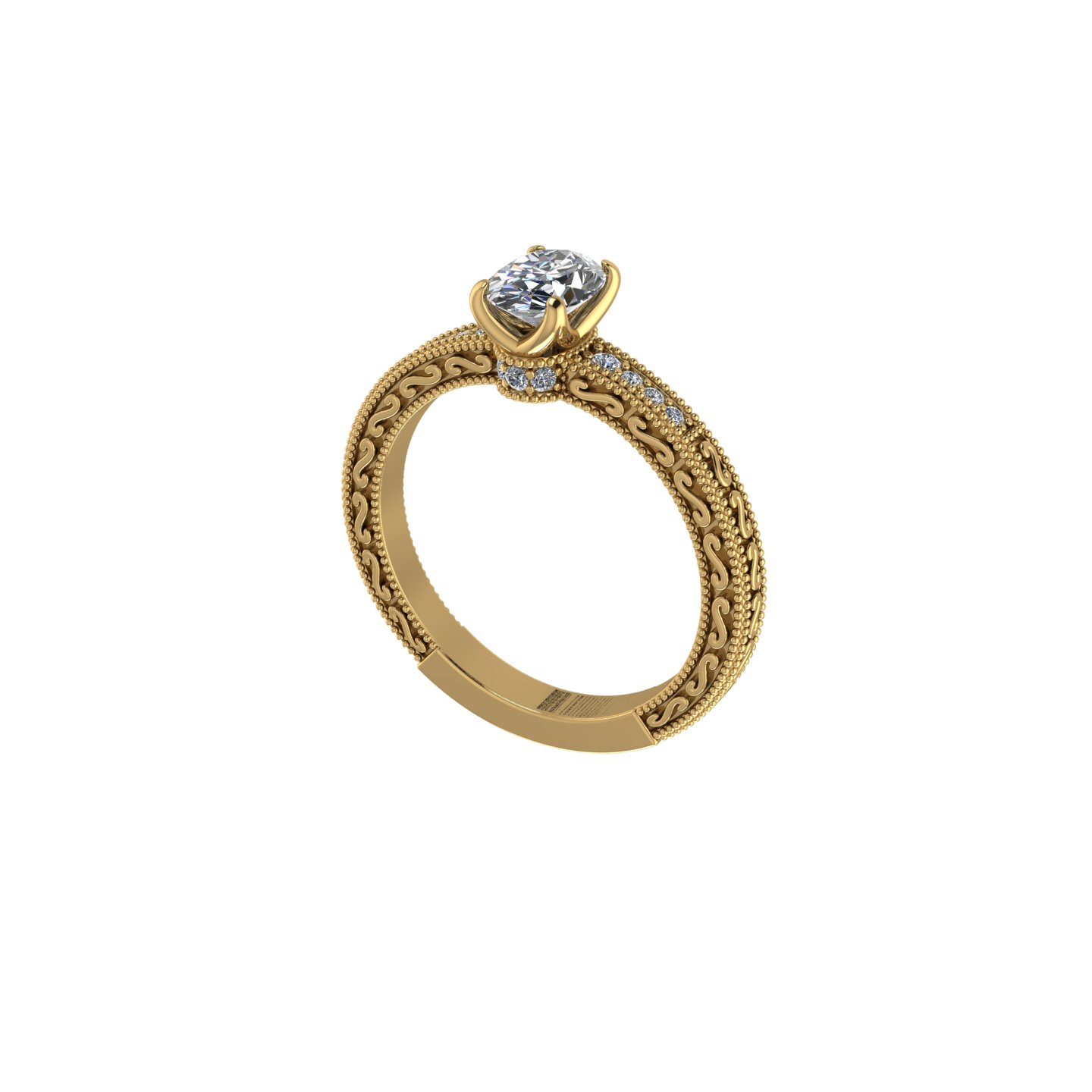 Vintage Carved Oval Diamond Hidden Halo Engagement Ring