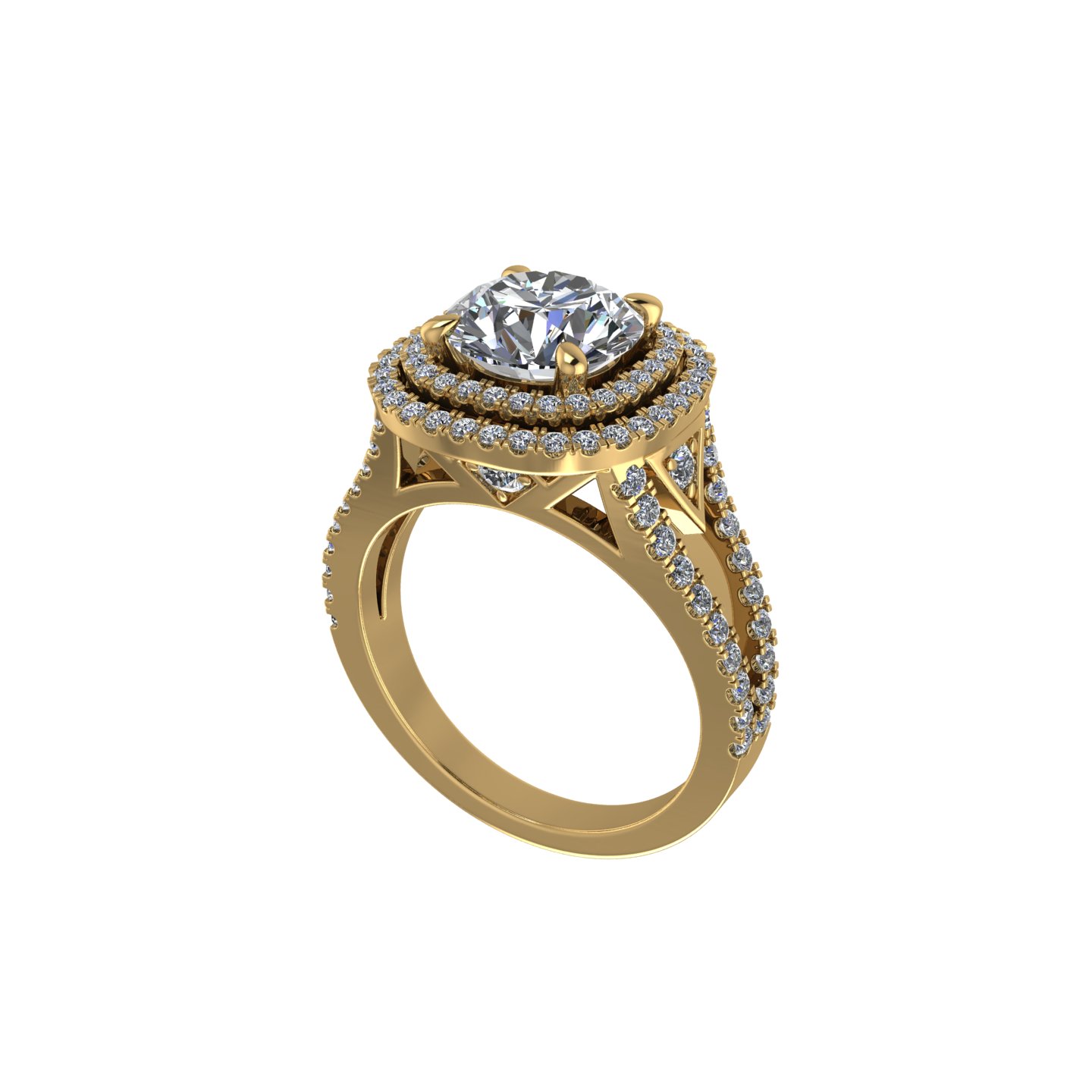 Round Double Halo Split Shank Engagement Ring